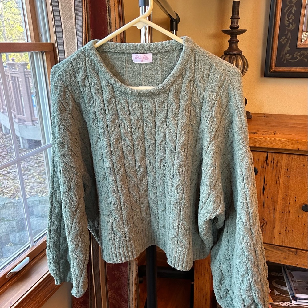 Pink Lily green Droopy Shoulder Bishop Sleeve Cropped Chenille Sweater medium